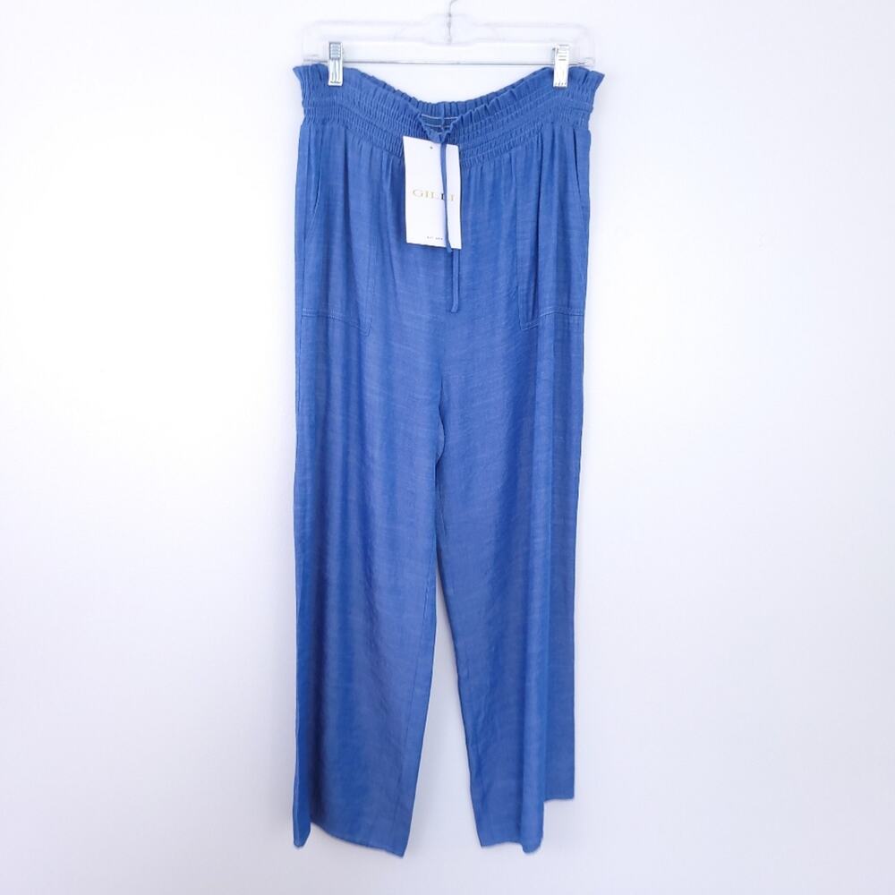 New Le Lis Chambray Pants Blue Size Small Elastic Waist Wide Leg, Pockets